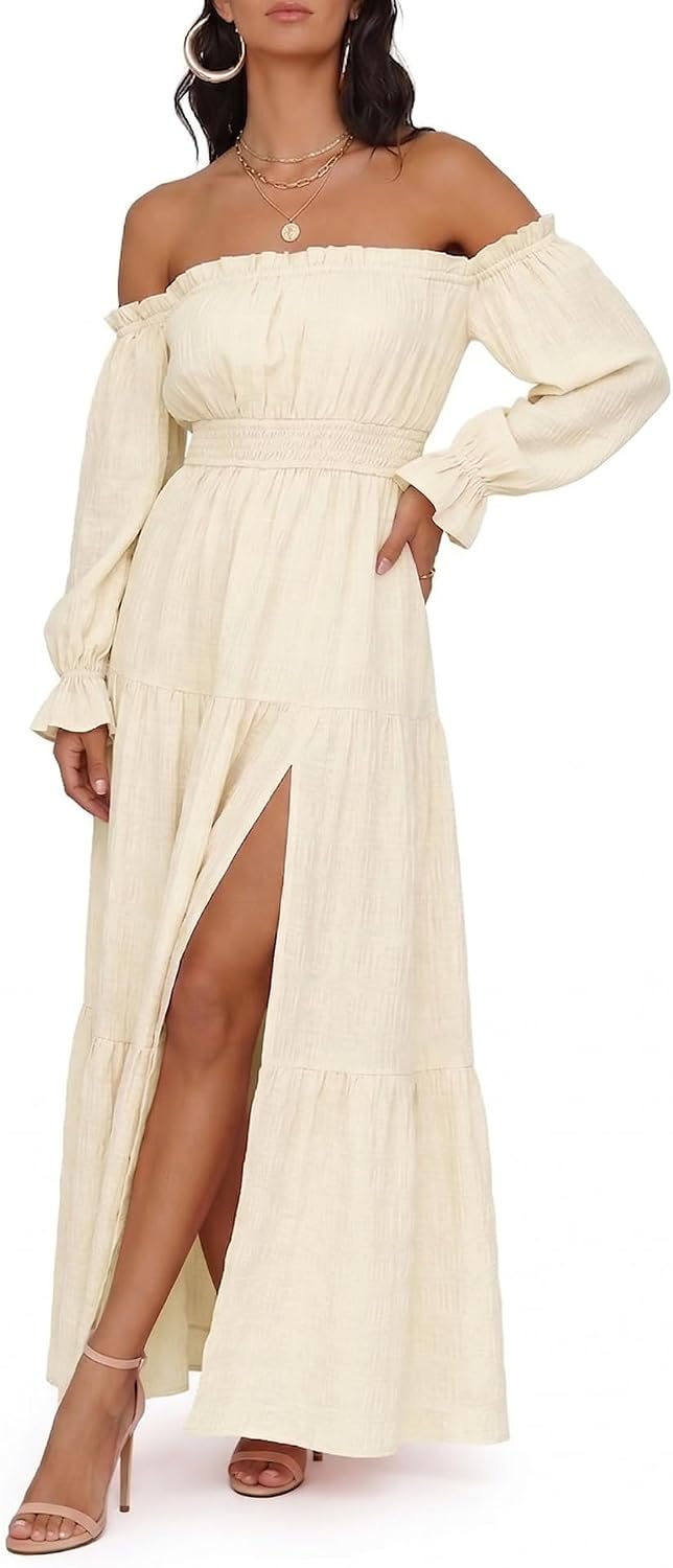Oulesis Women's Off Shoulder Maxi Dress, Long Sleeve Tiered A-Line Dress with Side Slit