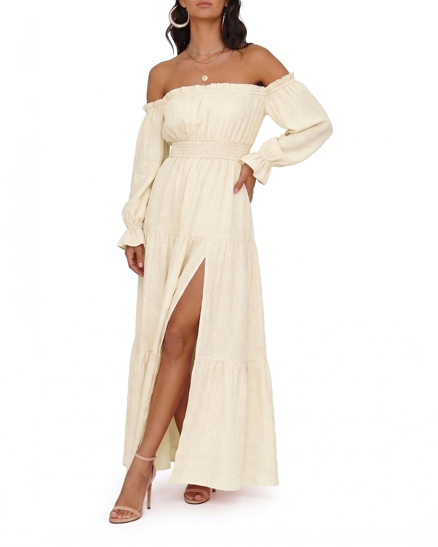 Oulesis Women's Off Shoulder Maxi Dress, Long Sleeve Tiered A-Line Dress with Side Slit