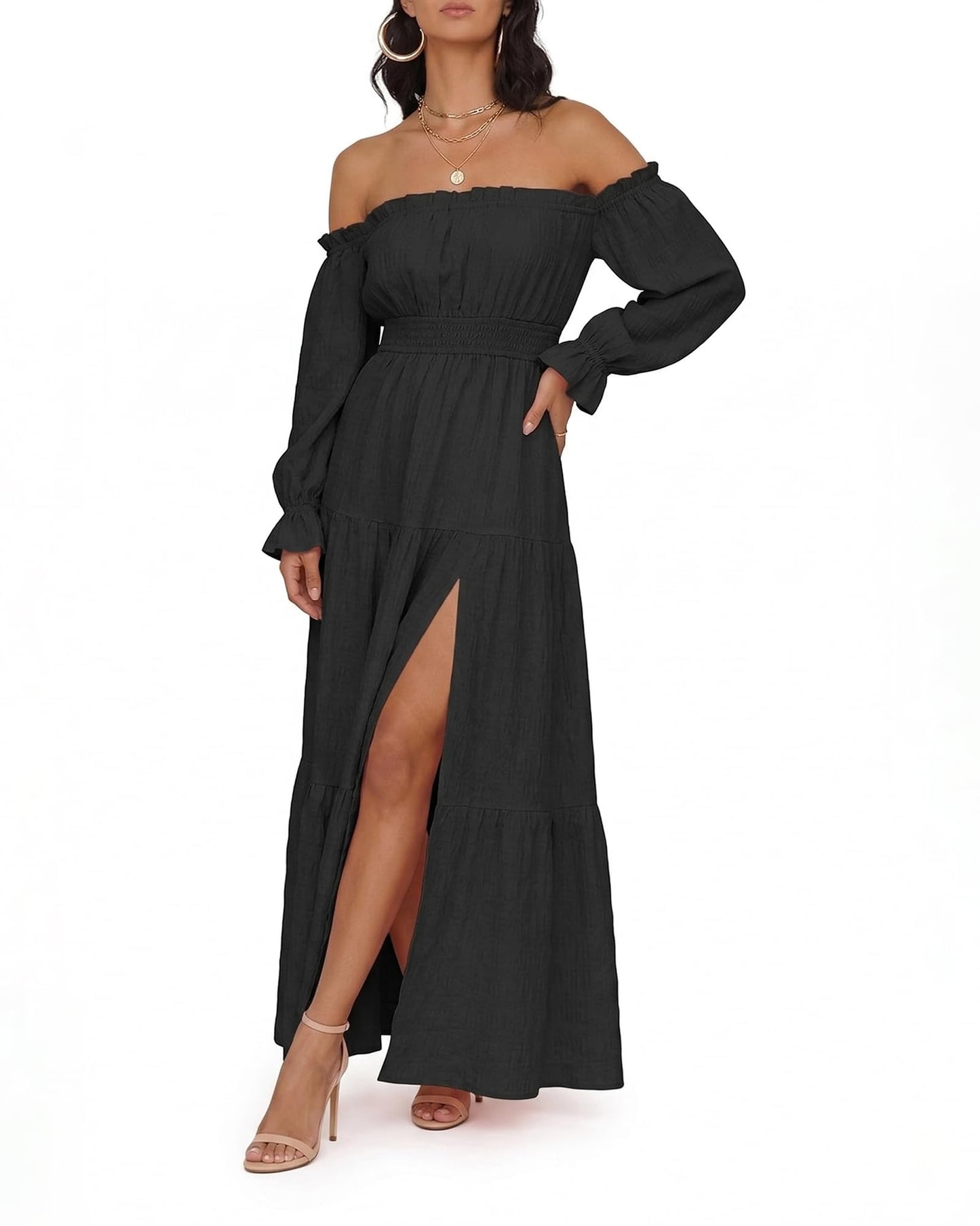 Oulesis Women's Off Shoulder Maxi Dress, Long Sleeve Tiered A-Line Dress with Side Slit