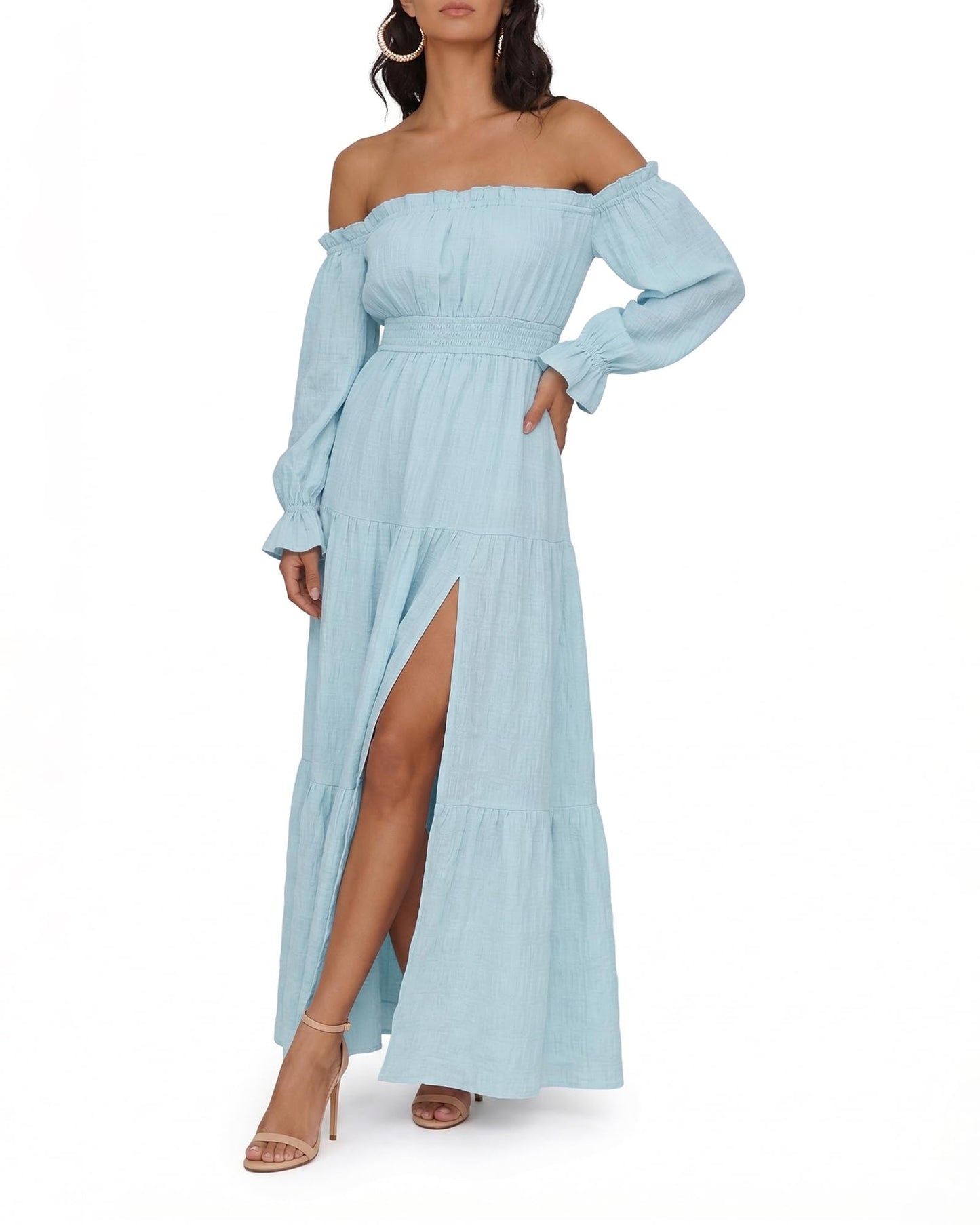 Oulesis Women's Off Shoulder Maxi Dress, Long Sleeve Tiered A-Line Dress with Side Slit