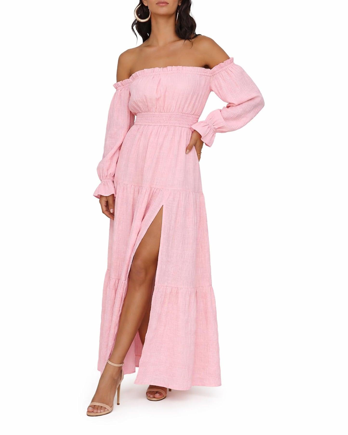 Oulesis Women's Off Shoulder Maxi Dress, Long Sleeve Tiered A-Line Dress with Side Slit