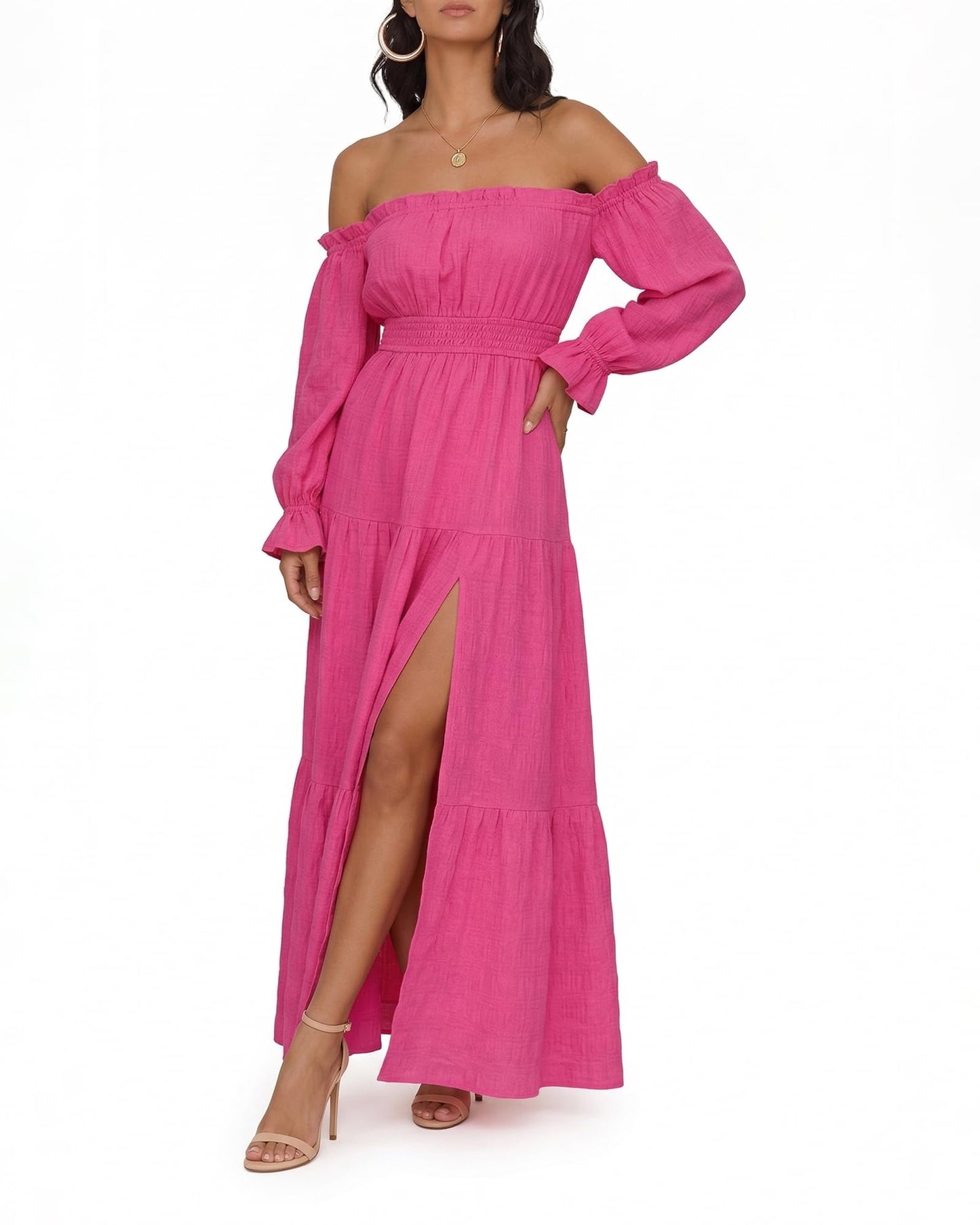 Oulesis Women's Off Shoulder Maxi Dress, Long Sleeve Tiered A-Line Dress with Side Slit