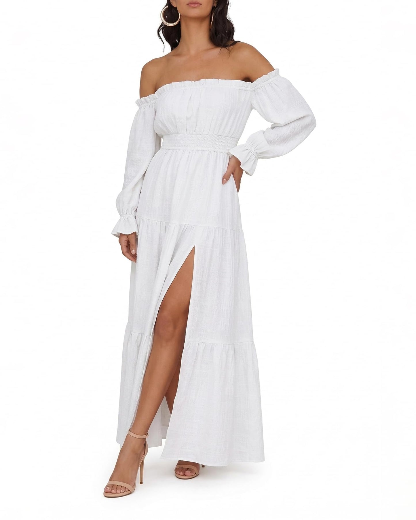 Oulesis Women's Off Shoulder Maxi Dress, Long Sleeve Tiered A-Line Dress with Side Slit