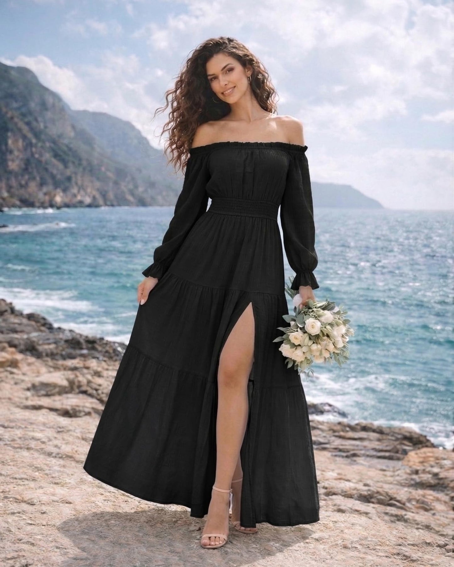Oulesis Women's Off Shoulder Maxi Dress, Long Sleeve Tiered A-Line Dress with Side Slit