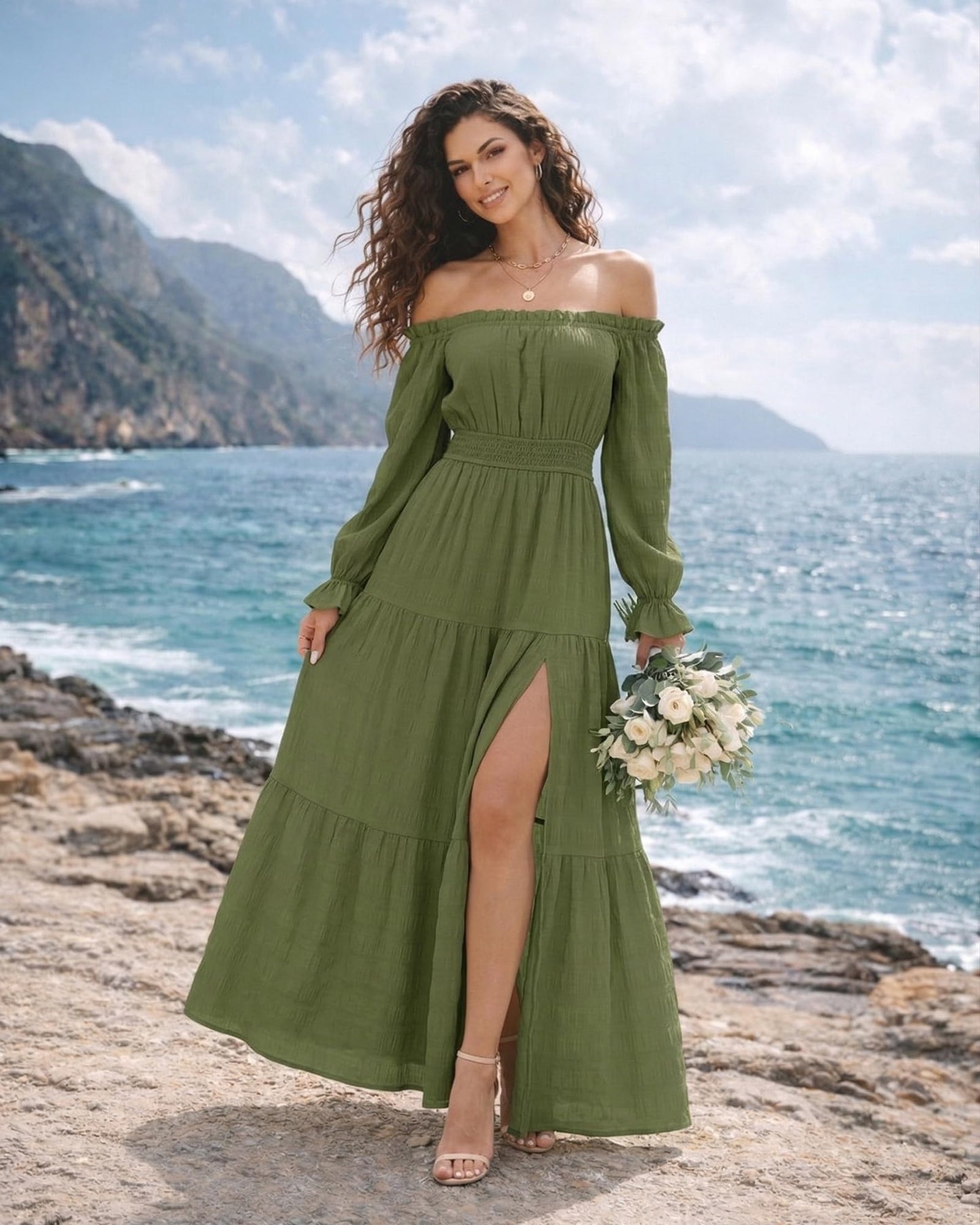 Oulesis Women's Off Shoulder Maxi Dress, Long Sleeve Tiered A-Line Dress with Side Slit