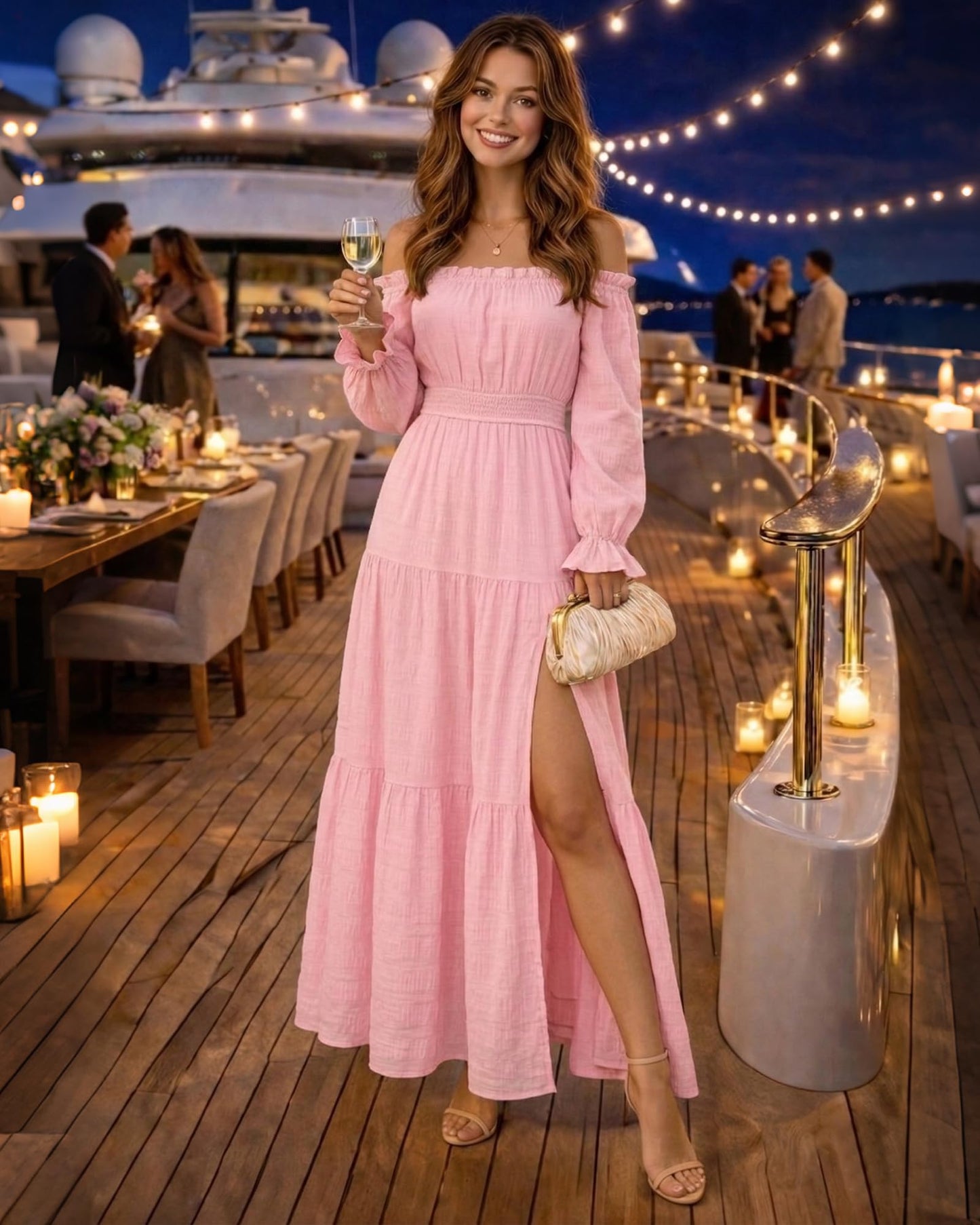 Oulesis Women's Off Shoulder Maxi Dress, Long Sleeve Tiered A-Line Dress with Side Slit