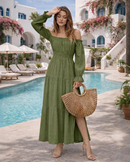 Oulesis Women's Off Shoulder Maxi Dress, Long Sleeve Tiered A-Line Dress with Side Slit