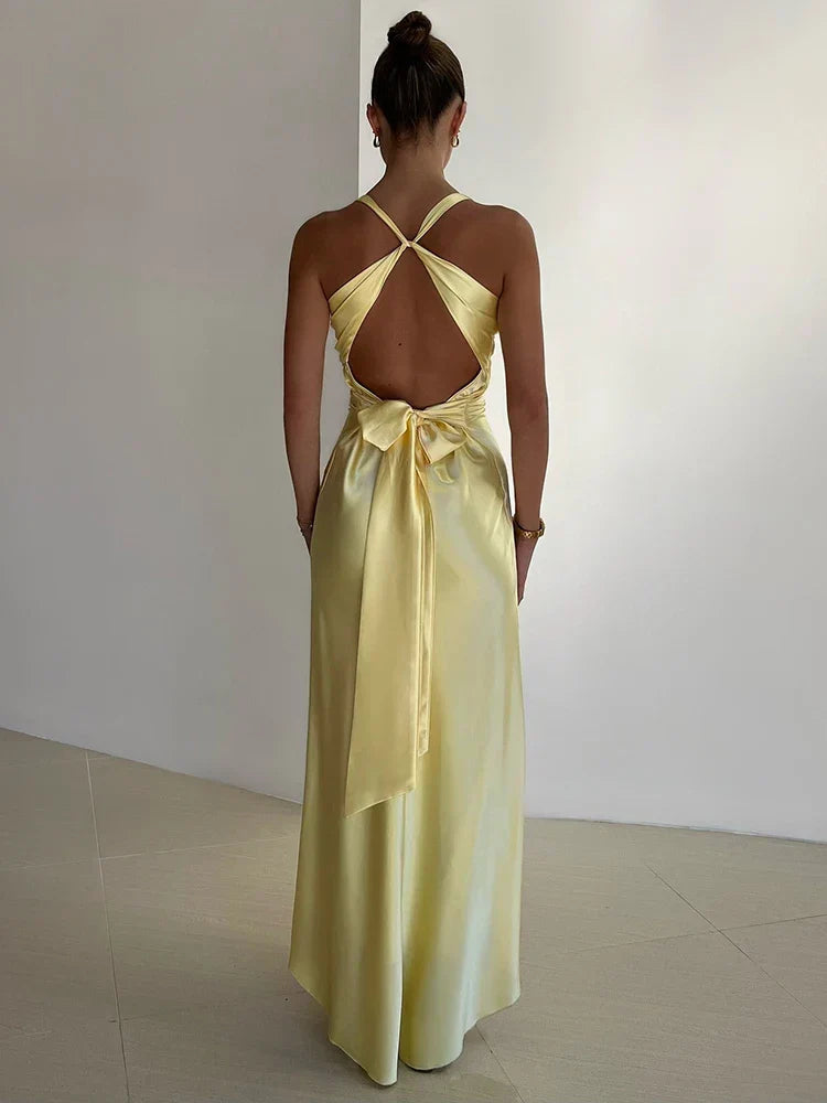 Women's Evening Gown - Satin Finish - Sleeveless Halter Neck - Elegant Formal Wear